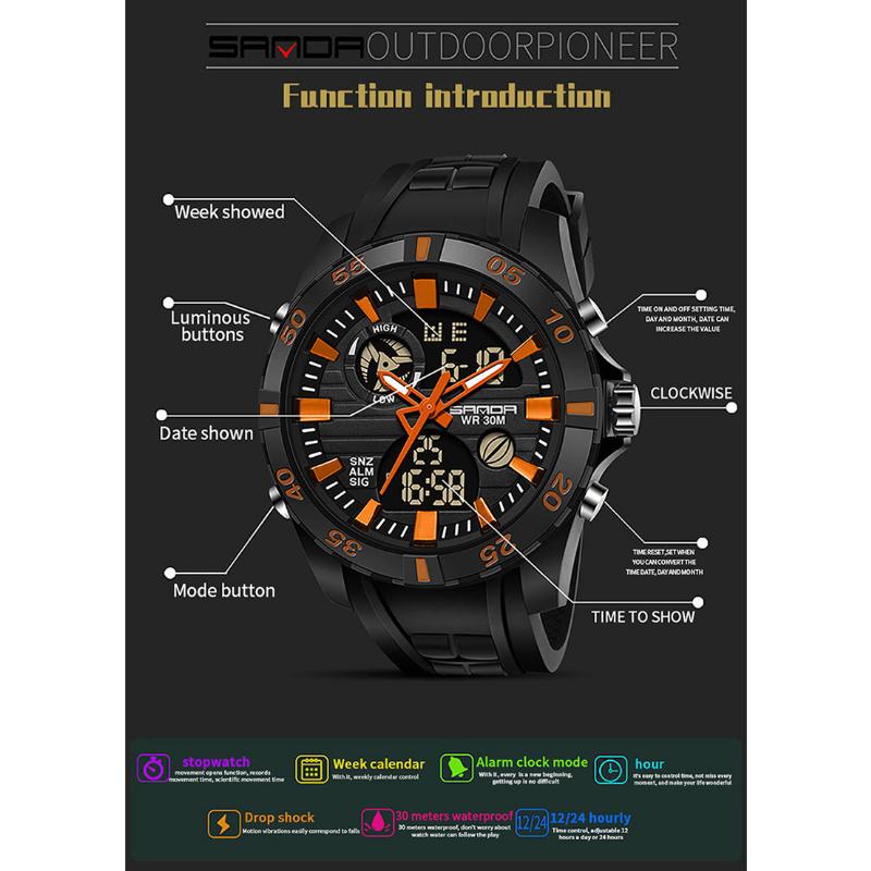 SANDA New Watch Genuine Fashion Sports Multifunctional Electronic Couple Popular Men's Luminous Watch