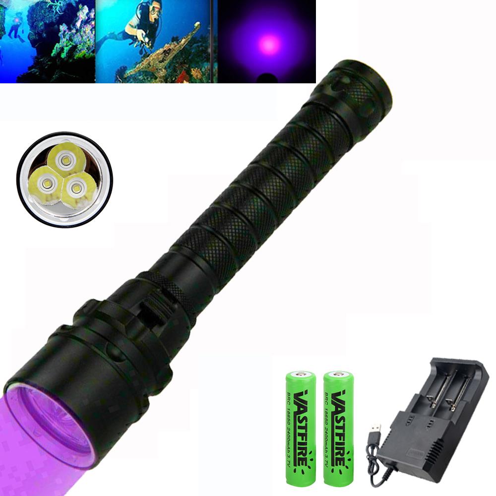 Powerful LED Diving Flashlight UV/White Light Waterproof Underwater 100 Meter Torch Flashlight Powered by 18650 Battery