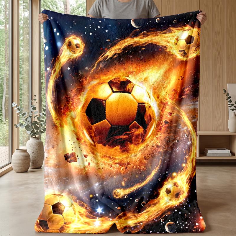 Flaming Soccer Balls in Space Theme blanket Lightweight Warm Flannel Blanket Decorative Throw Blanket for Home Decoration