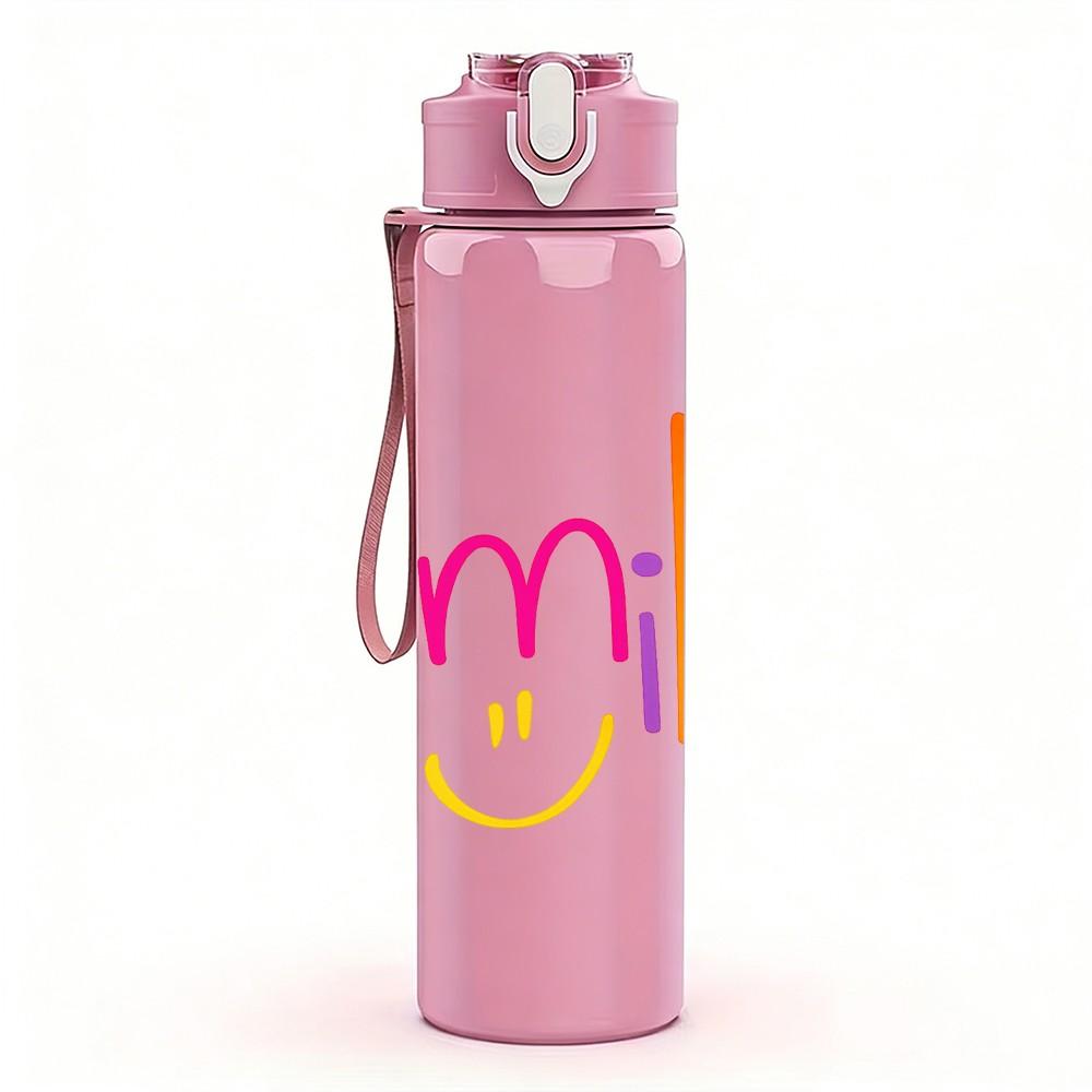1PC Multicolor Smile Text Art Print 750ml Color Plastic Sports Water Bottle Leakproof Flip Straw Lid Suitable for Sports Office Home Use
