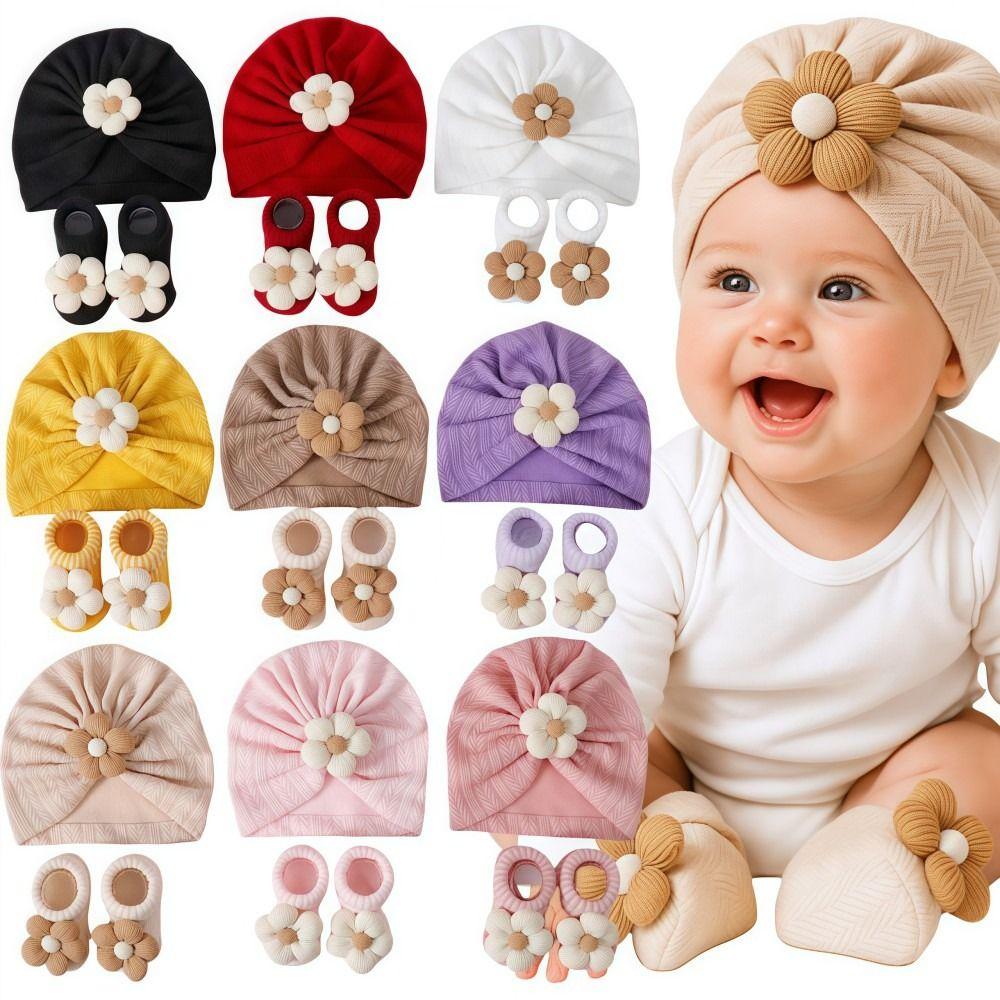 Flower Infant Turban Hat Socks Set Elastic Hat Sock Set Cute Baby Headscarf Hat Newborn Supplies