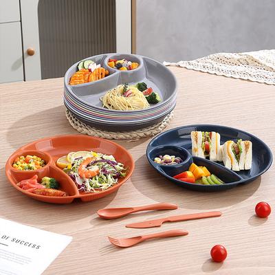 Round Divided Salad Plate With Cutlery Microwave Safe Dinner Plate 3 Compartment Plastic Dinner Dish Kitchen Dinnerware