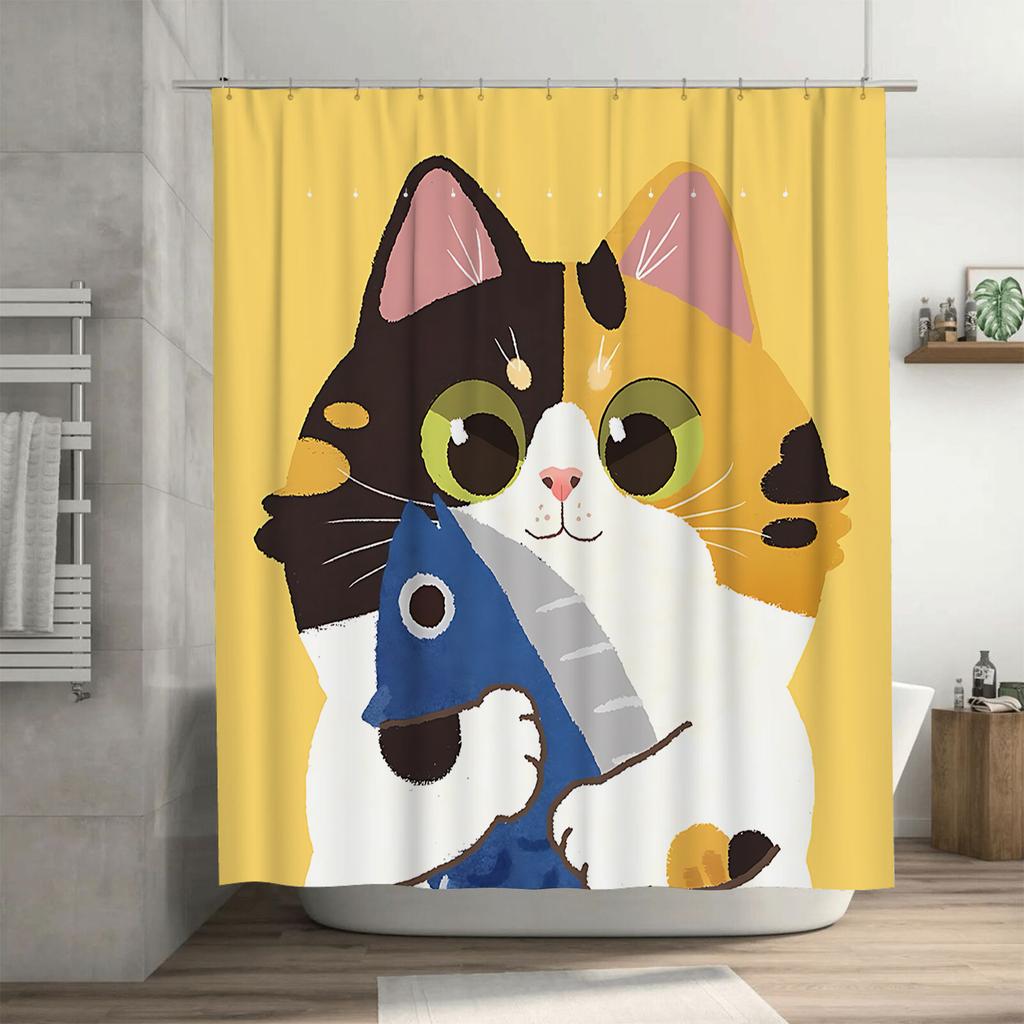 Cute Cat Holding Fish Shower Curtain for Bathroom Decor - Vibrant Yellow and White Design Elevate Space Easy-Clean