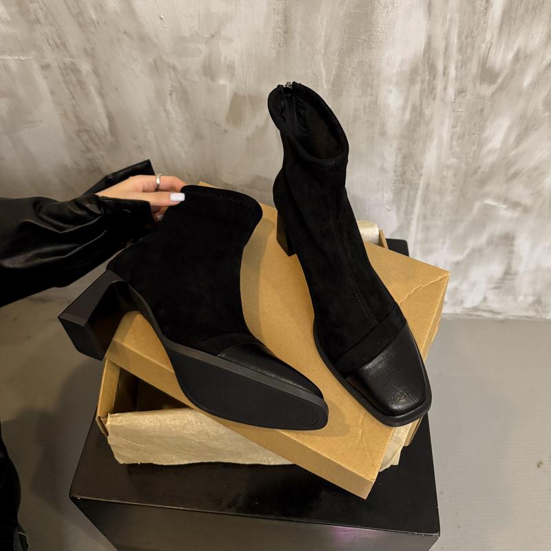 Square Toe High Heel Booties Women's Vintage Suede Paneled Autumn Winter Block Heel Stretch Skinny Boots