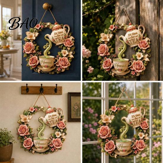 Creative Garden Accessories It's Time for Tea Door Sign, Metal Floral Wreath Hanger with Teapot Teacup Design, Art Windowsill Rustic Wall Decor