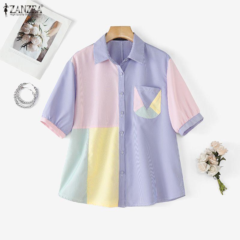 ZANZEA Womens Turn Down Collar Short Sleeve Patchwork Stripe Blouse
