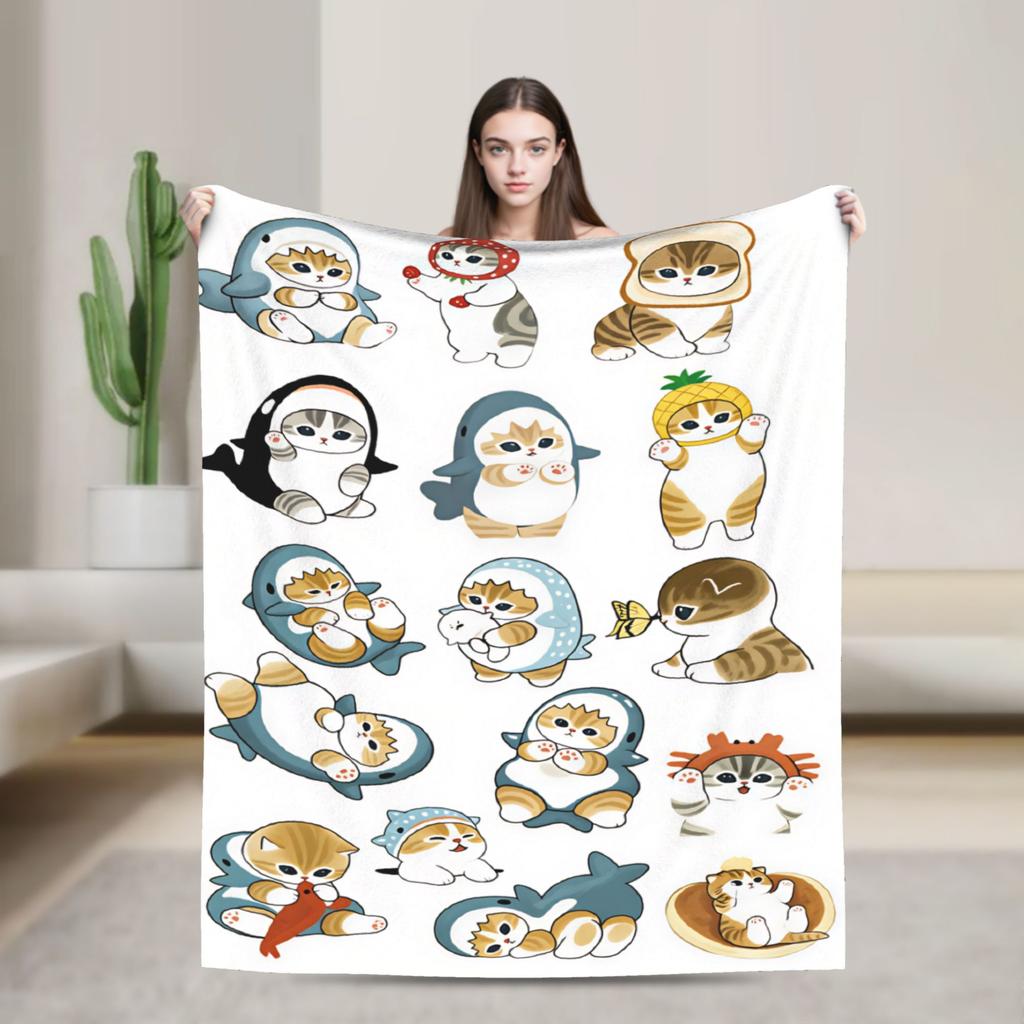 Mofusand Japanese Shark Cat Blankets Quality Warm Cozy Throw Blanket Autumn Picnic Chair Sofa Bed Graphic Bedspread