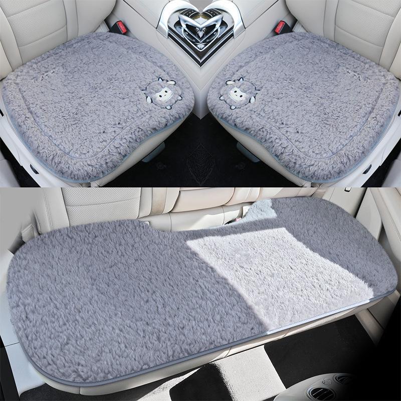 Universal Embroidered Lambswool Car Seat Cushion Set - Winter Warm 3-Piece Interior Decor.