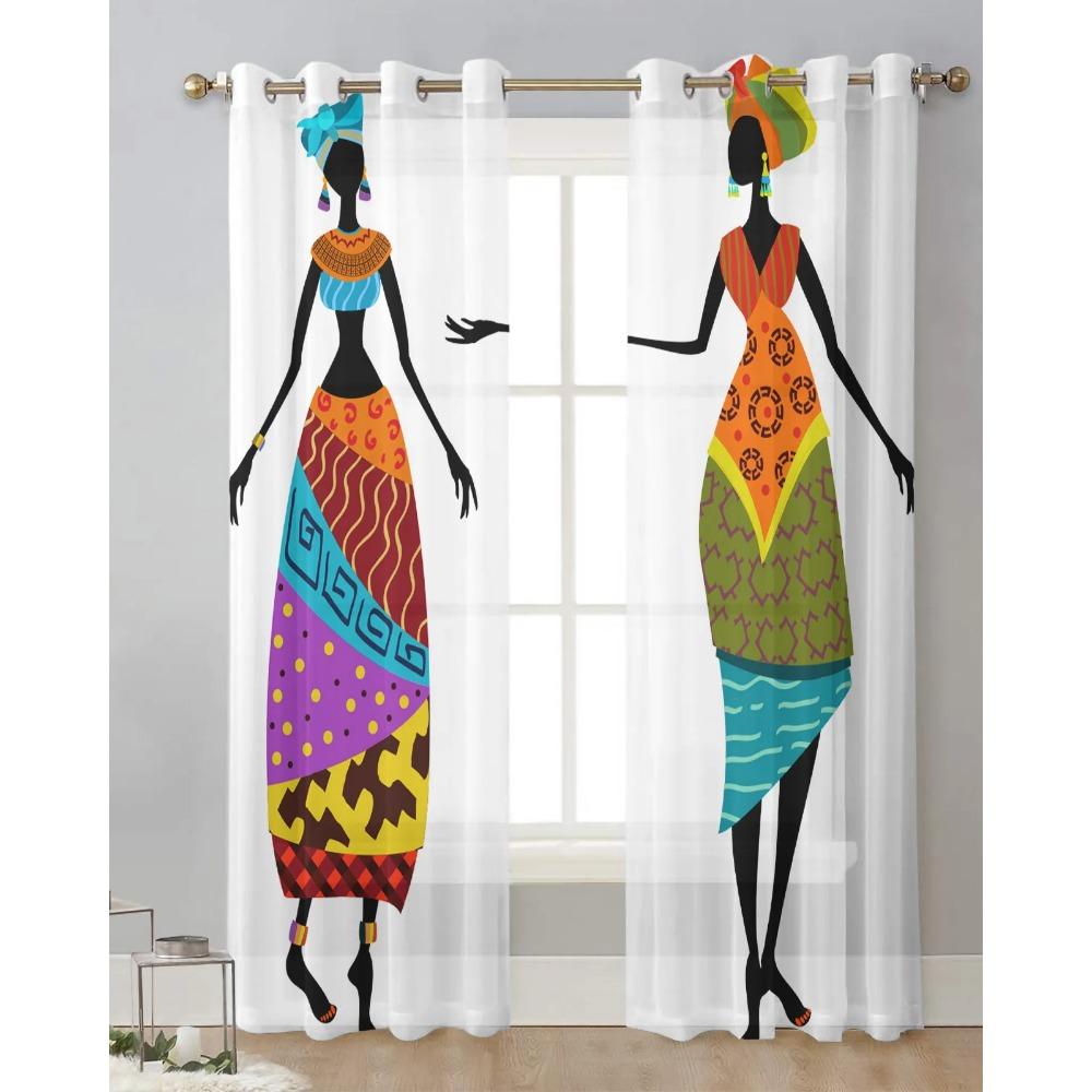 African Women Ethnic White Sheer Drapes for Living Room Decoration Window Curtains for Kitchen Curtains