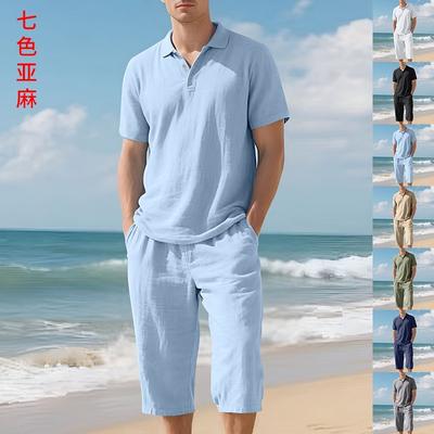 Summer Men's Loose Casual Linen Breathable Shirt Short Beach Sleeve Cropped Pants Set