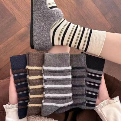 Women's Autumn and Winter Fashionable Color-blocking Furry Striped Socks, Retro Sweet and Individual Colorful Mid-calf Socks