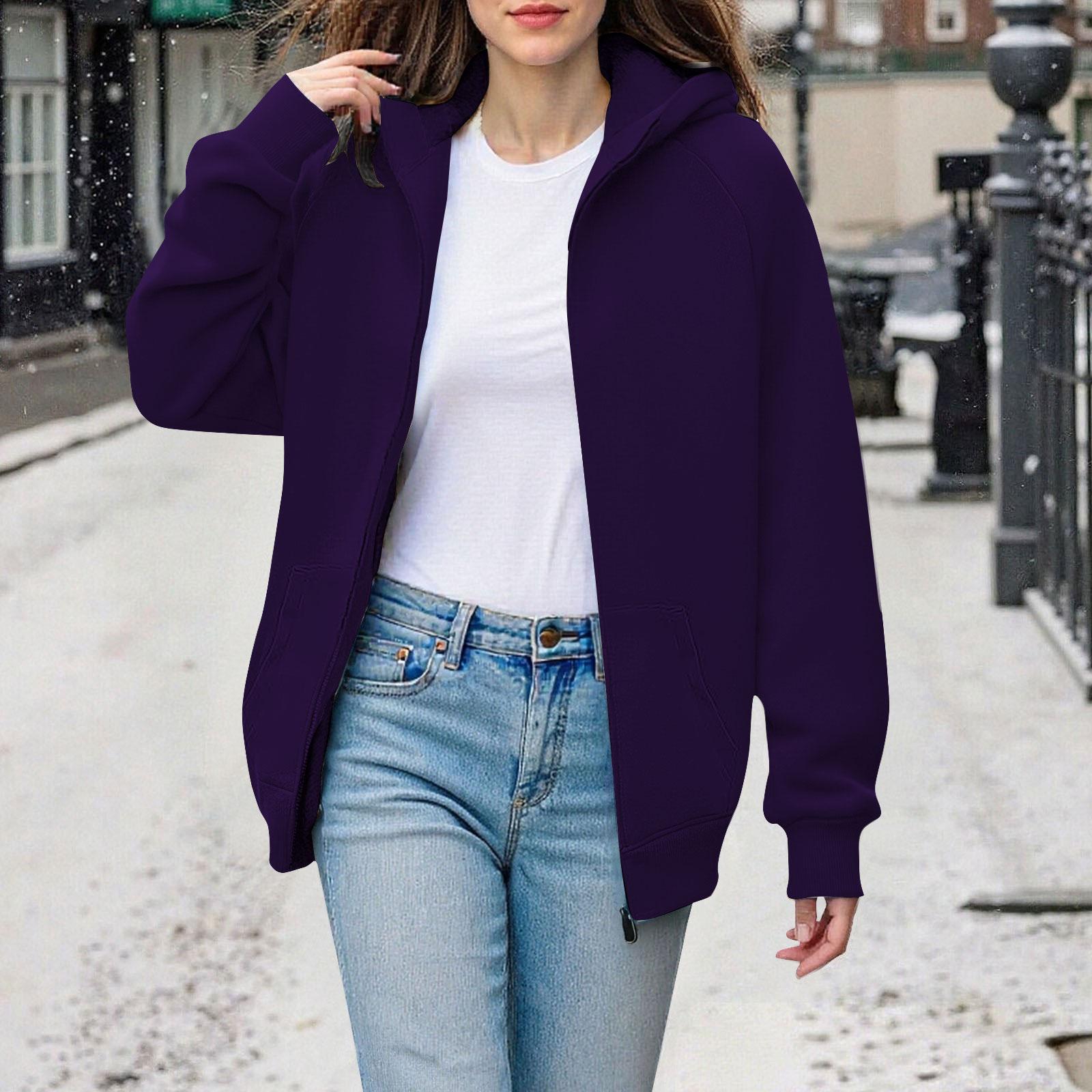 

Женская модная однотонная толстовка с капюшоном и утолщенной подкладкой из флиса на молнии для спорта L фиолетовый