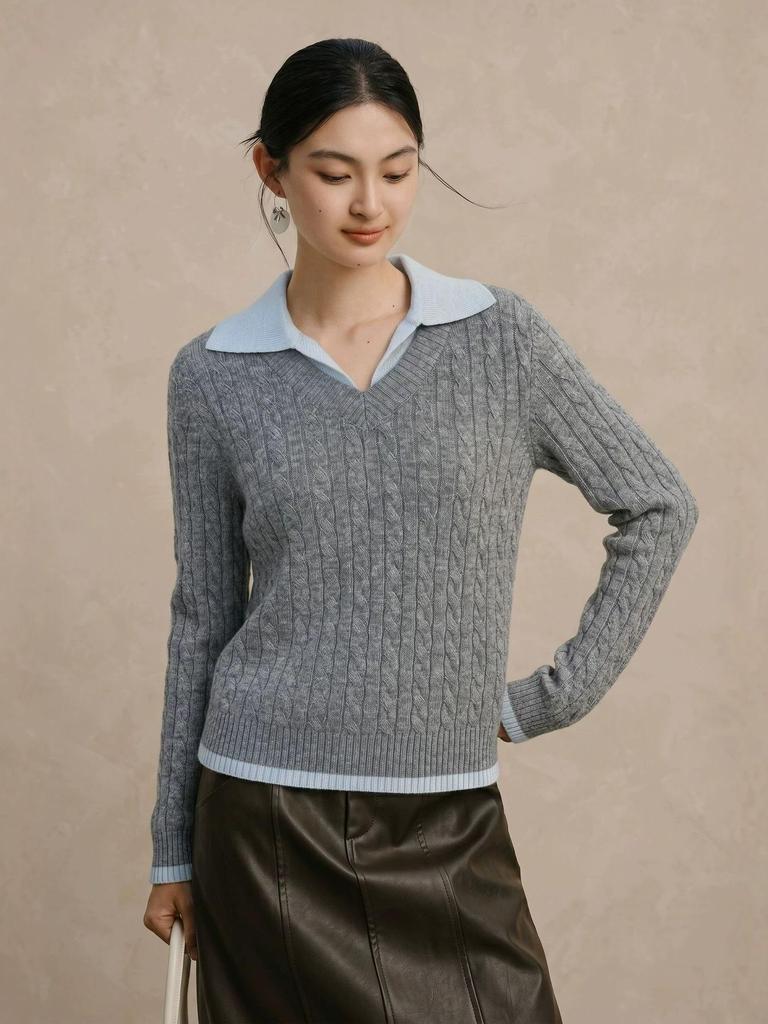 Retro Cable Knit Wool Two-Piece Color Block Lapel Sweater - Women's College Style Slimming Top