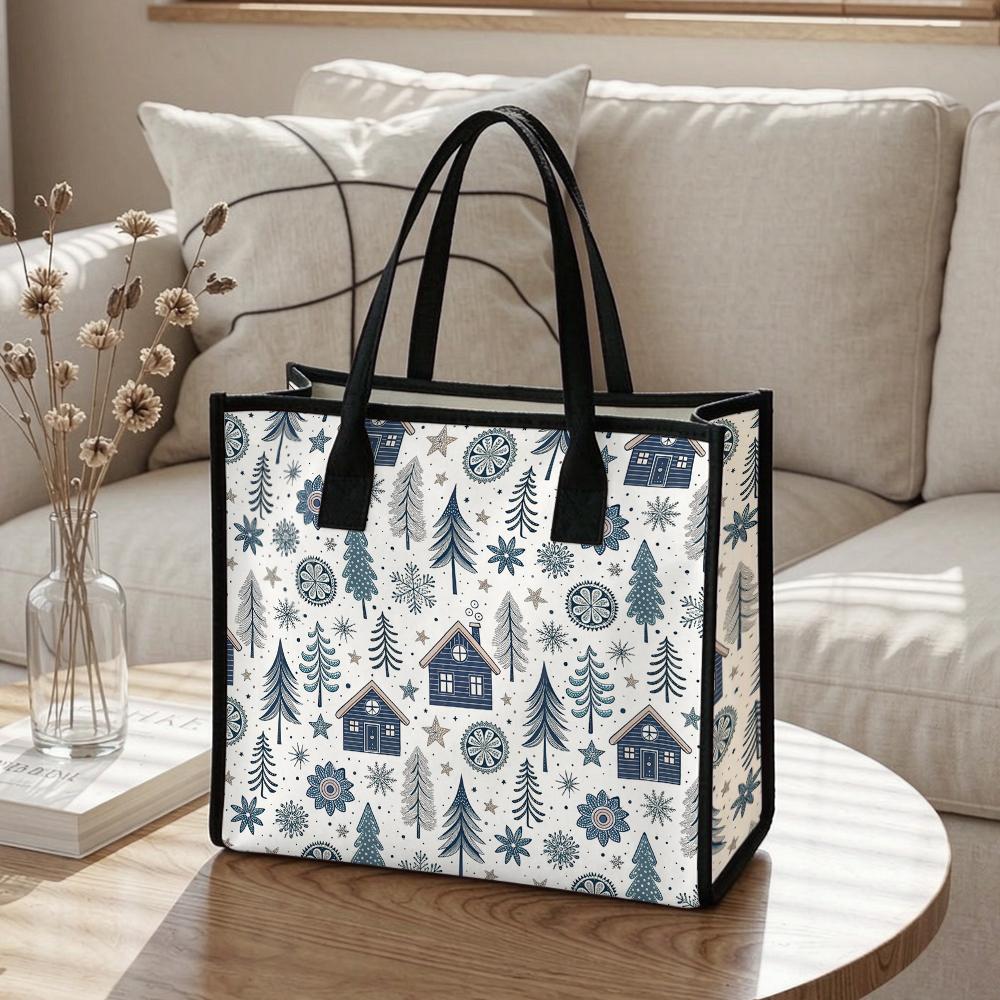 Winter Pattern Tote Bag Casual Canvas Shoulder Handbag For Daily Use Portable Fashion Shopping Bag