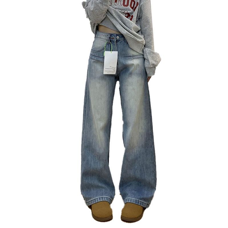 Stylish High Street Washed Jeans Women's Summer Vintage Straight Pants Peplum Loose Skinny Wide Leg Pants Retro Street Style Baggy Jeans for Ladies