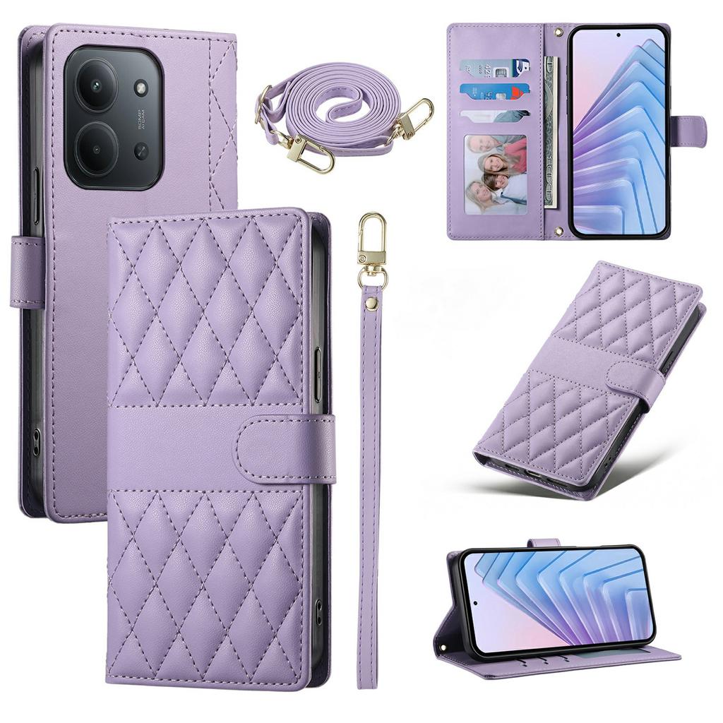 Brieftaschenhülle für Xiaomi Redmi 15C 4G (Global) (171 mm)/Poco C85 4G Rautensteppung Stand Leder Handyhülle mit langem/kurzem Riemen