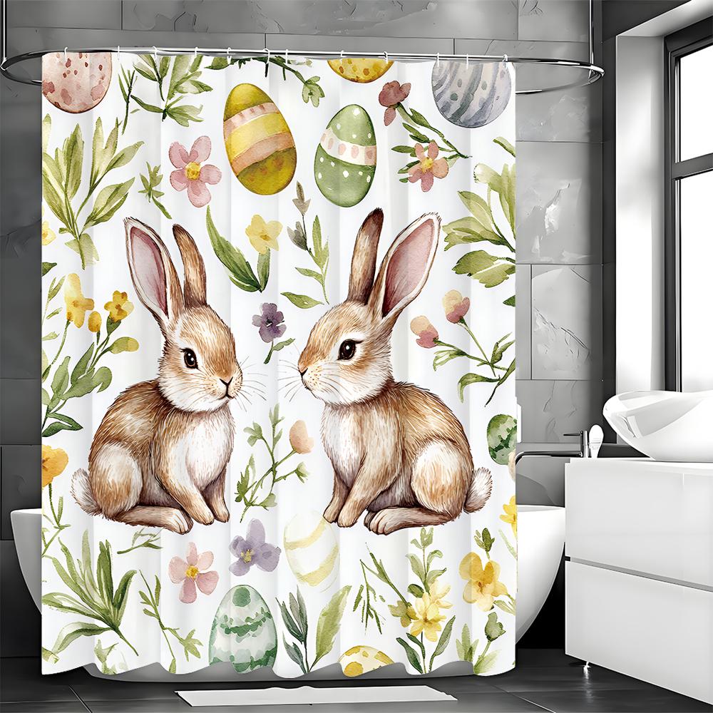 

Cute Easter Bunny Shower Curtain, Spring Floral Pattern, Cute Bunny Eggs Farmhouse Bathroom Decorative Shower Curtain, Waterproo 90*180cm