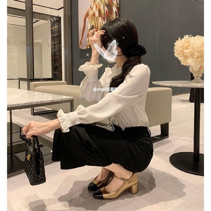 [] Heel height cm~ color matching lambskin thick heel Mary Jane single shoes women's commuting ol
