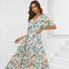 2025 Summer New Women's Batwing Sleeve Deep V Waist Trimming Printing Dress Beach Vacation Dress