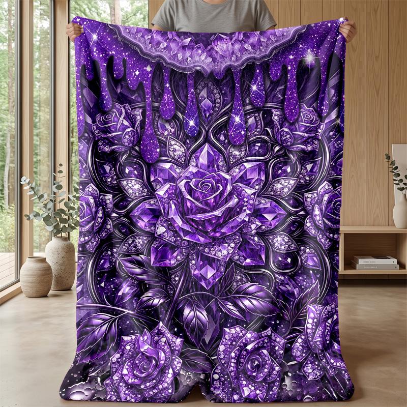 Purple Crystal Roses Theme Blanket Lightweight Warm Flannel Blanket Decorative Throw Blanket for Home Decoration