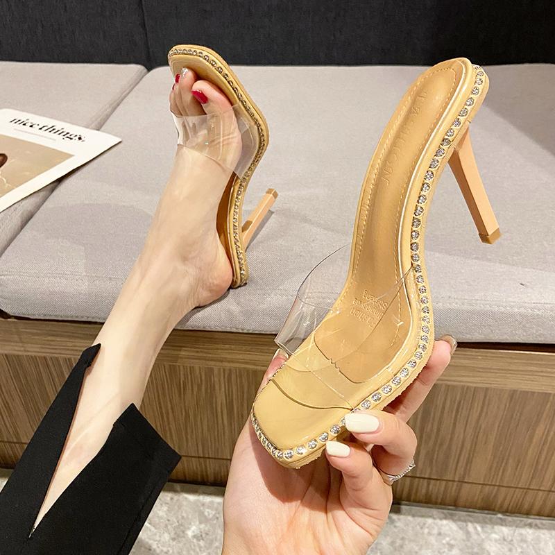 

Fashion Women Summer New One Word Transparent Female Head High Heels Water Diamond Dew Toes Thin Heels External Slippers Zapatos Mujer 34