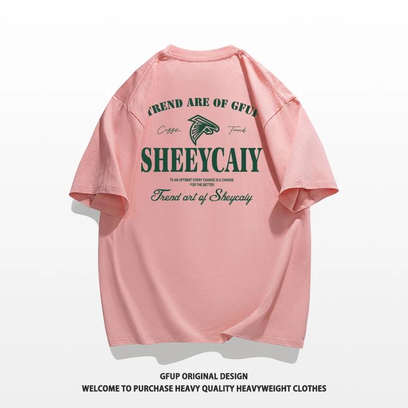 Sommermode Schweres Retro-T-Shirt für Herren mit englischen Buchstaben, 100 % Baumwolle, bedruckt, Rundhalsausschnitt, hochwertiges Casual Fitness Street