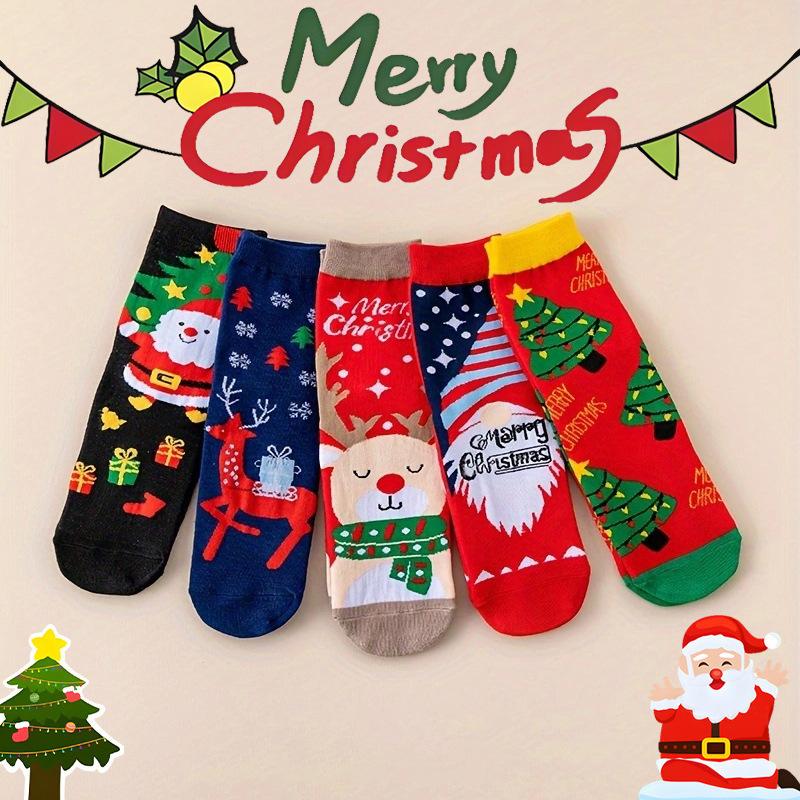 5 Pairs of Winter Warm Knit Socks Autumn and Winter Christmas Stockings, Santa Claus Gifts Snowflakes, Elk, Cute Cartoon Christmas Mid-tube Stockings