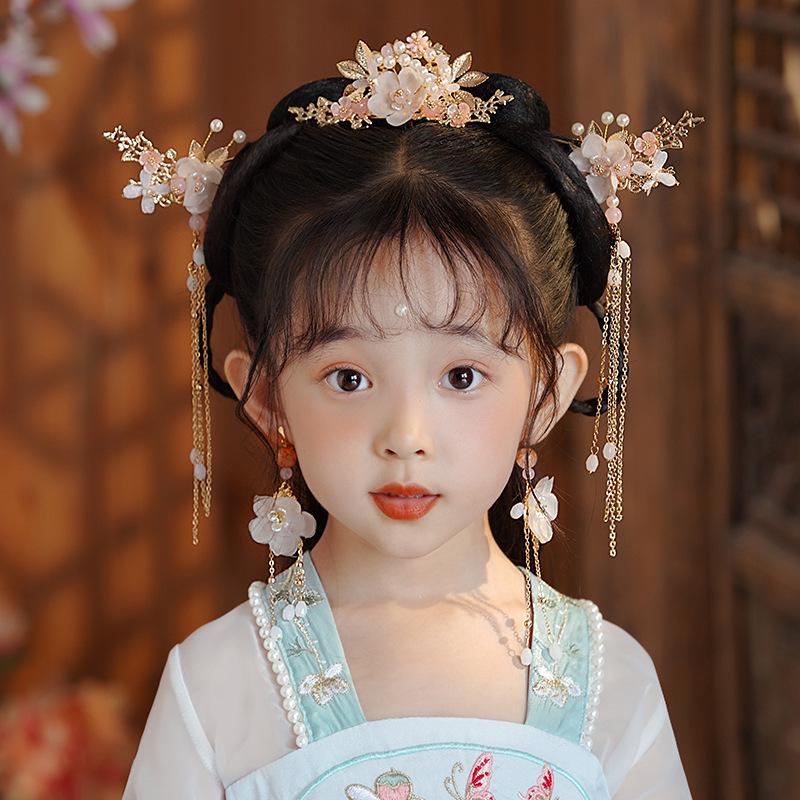 Children's Ancient Style Hanfu Hair Accessories Set: Hair Clips, Pins, Tassels, Step Shake, Flower Crown for Girls