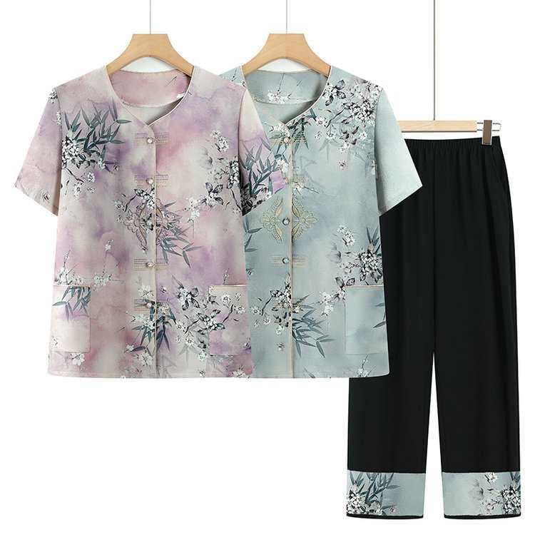 Summer Suit Set for Women: Short-Sleeved Ice Silk Shirt for Middle-Aged & Elderly Ladies