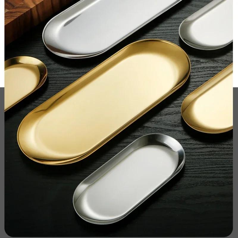 Stainless Steel Oval Serving Tray Towel Storage Dish Plate Fruit Dessert Sushi Snack Serving Dishes Gold Trinket Display Trays