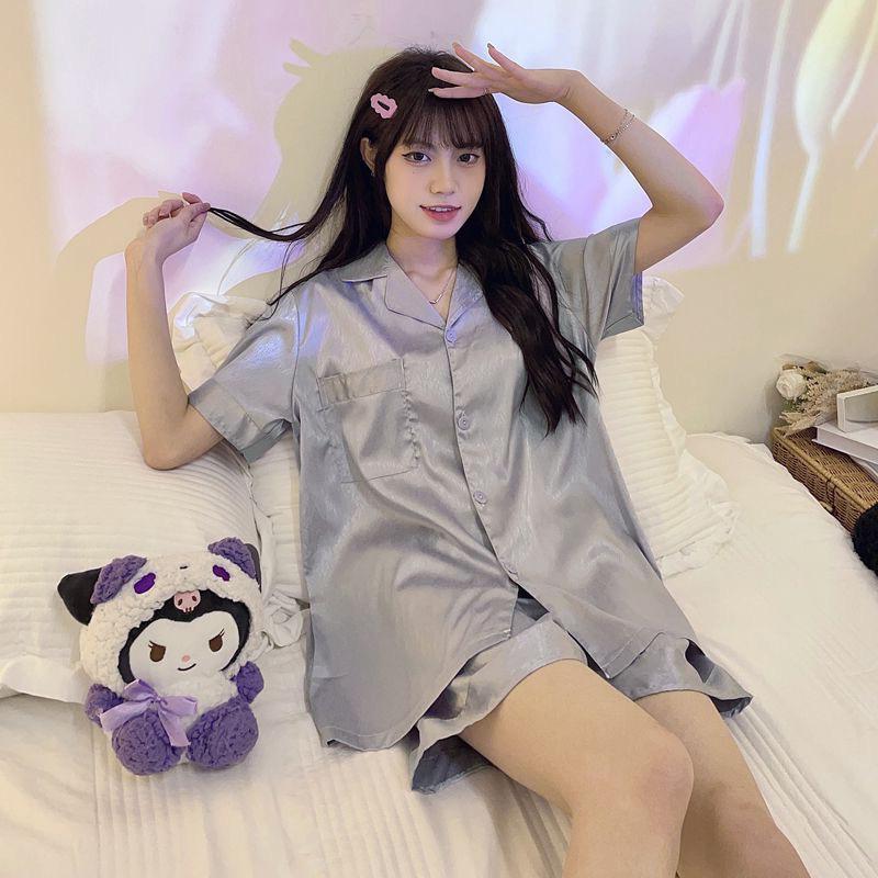 Solid Color Light Luxury French Ice Silk Pajamas Women S Summer Fashion Short-Sleeved Loungewear Set M