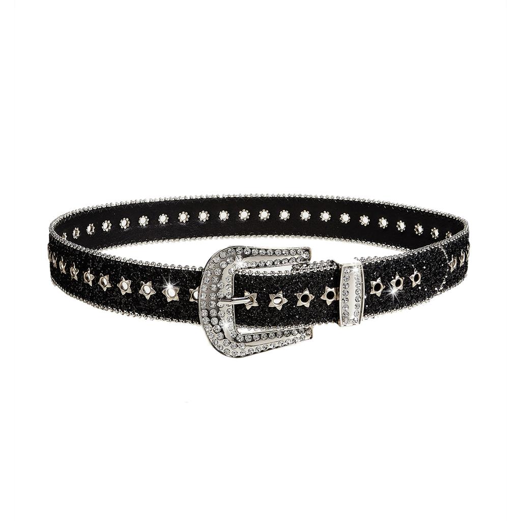 Fashion Women Wide Glitter Belt Golden Rhinestone Buckle Full Eyelet Design Western Style Waist Belt for Jeans Pants Dresses