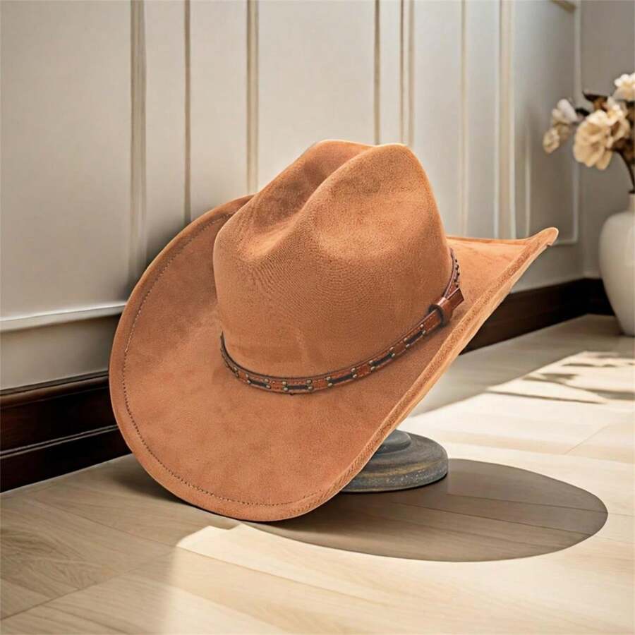 Retro Wool Felt Cowgirl Hat With Leather Belt Wide Brim Western Cap For Wedding Party