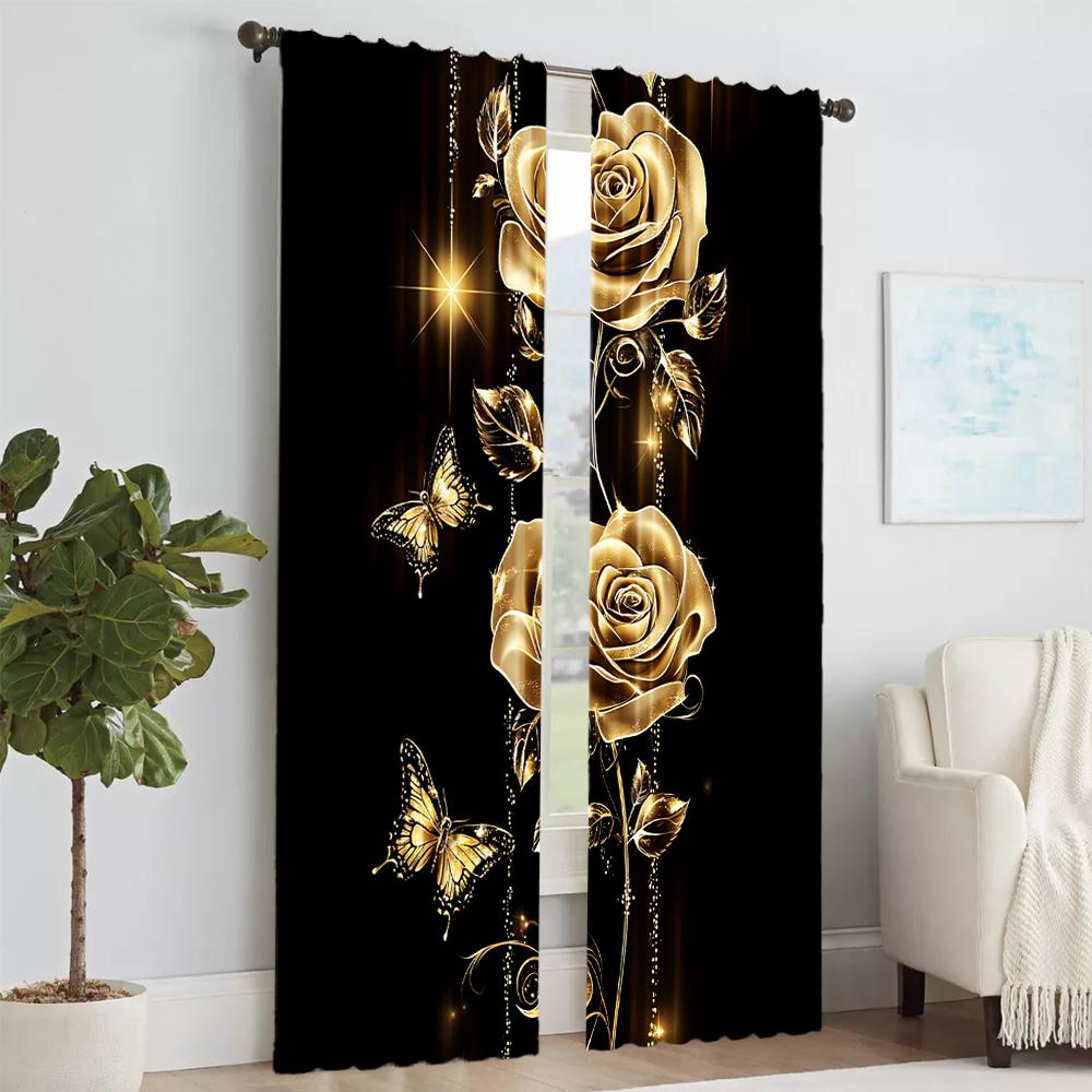 2Pcs Gold Rose And Butterfly Window Curtain Protect Privacy Bedroom Living Room Decorative Curtain Valentine'S Day Romantic Gift