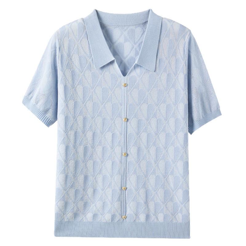 2025 Summer Ice Silk Cool Knit Short Sleeve Top for Middle-Aged & Elderly Women
