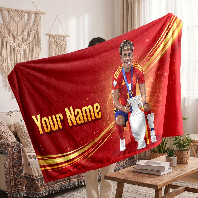 Coperta in pile personalizzata Lamine Yamal con logo del calcio, testo con nome personalizzato, morbida, calda, coperta da divano per la casa