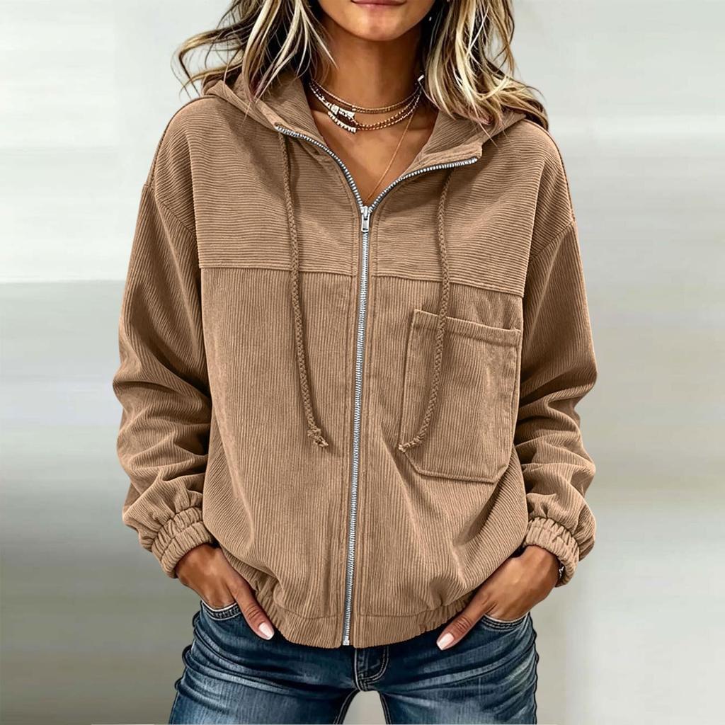 Giacca casual da donna con zip intera in velluto a coste con tasche per l'autunno