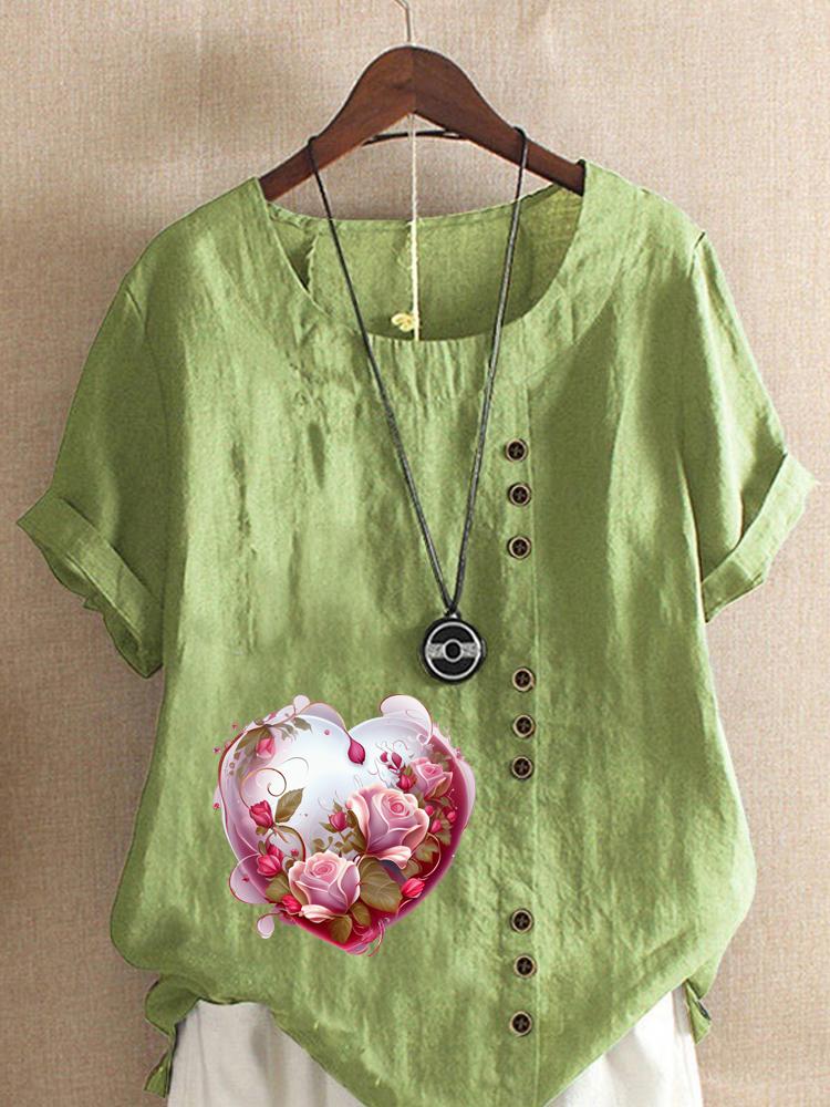 Women's Fashion Love Shaped Pattern Print Shot Sleeve T-shirt Loose Cotton Shirt Casual Loose Summer Plus Size Blouse Tops