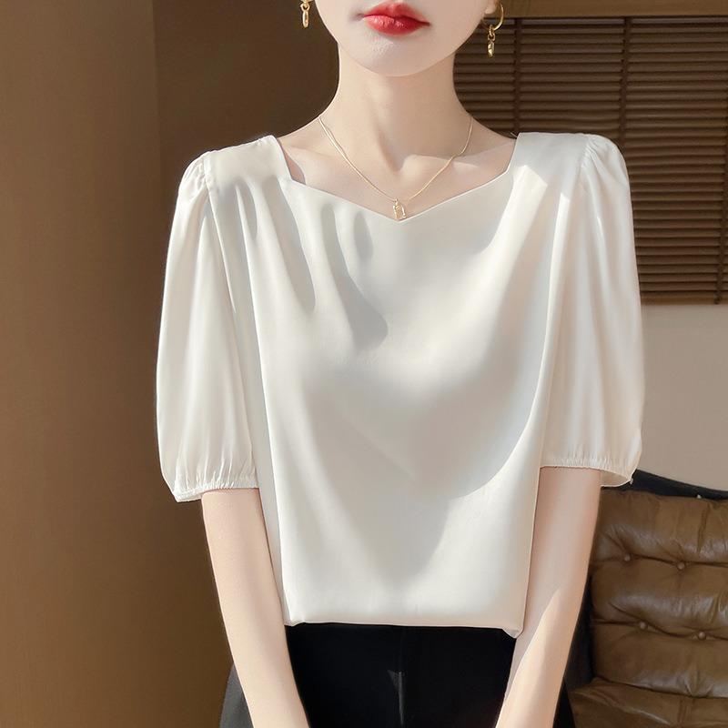 

Женский летний новый атласный темпераментный пуловер с рукавом пять минут, универсальный короткий V-образный вырез, футболка, жилет M белый