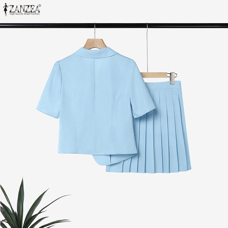 ZANZEA Women Short Sleeve Blouse and Pleated Skirts Casual Two Piece Sets