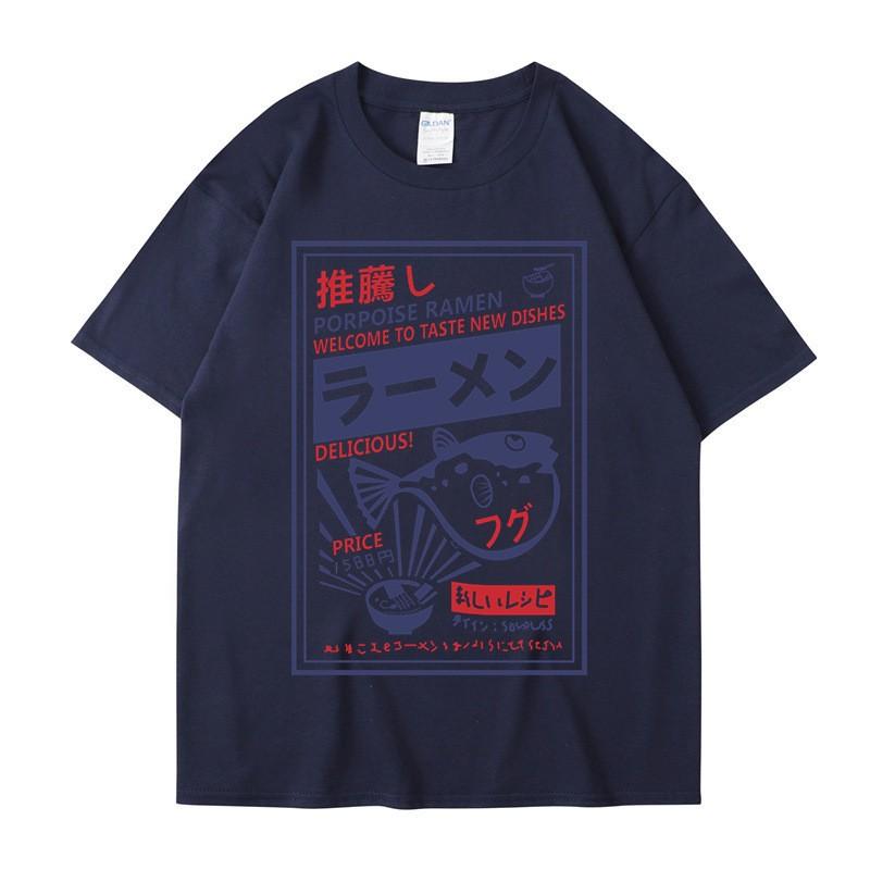 Vintage Fugu Puffer Fish Ramen T-Shirts Japanese Style Cotton Short Sleeve T Shirt Summer Crewneck Loose Tshirt Mens Clothing S