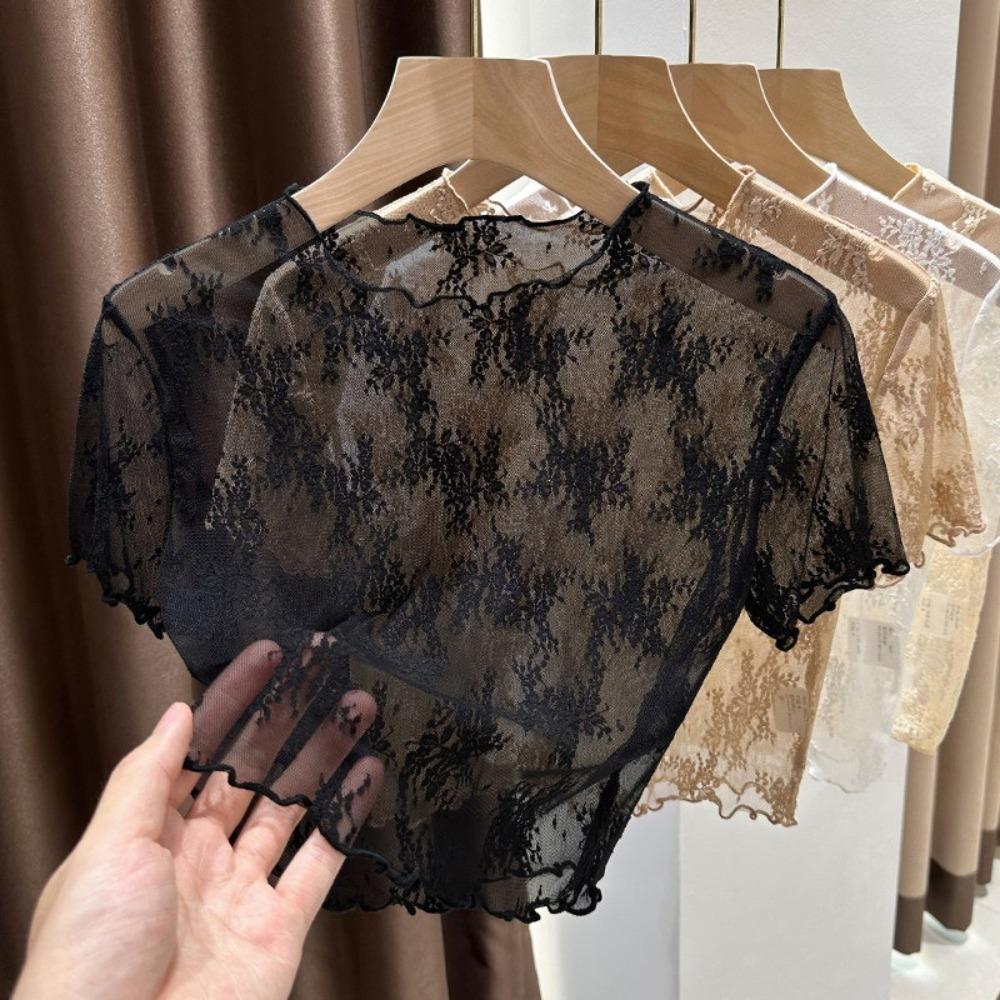 Nylon Sheer Mesh Blouse Short Sleeve Hollow Out Layering Tee Cool Sling Dress Cover Up  Women