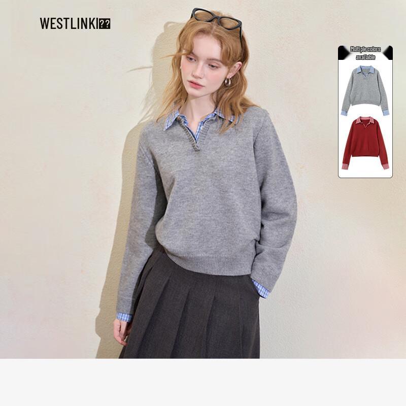 

Women s Faux Two-Piece Plaid Pullover Sweater M