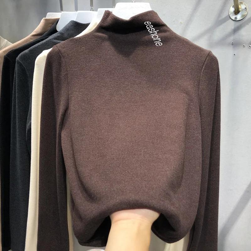 Harajuku Half Turtleneck Casual Slim Fleece Thick Bottoming T-shirt Autumn Winter Velvet Long Sleeve Solid T Shirt Women Top