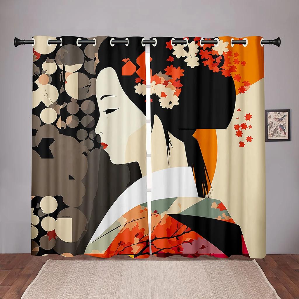 Japanese Traditional Geisha Woman Blackout Window Drape for Bed Chamber Living Space Area Area Decor Bathroom Kicthen Door High Shading New