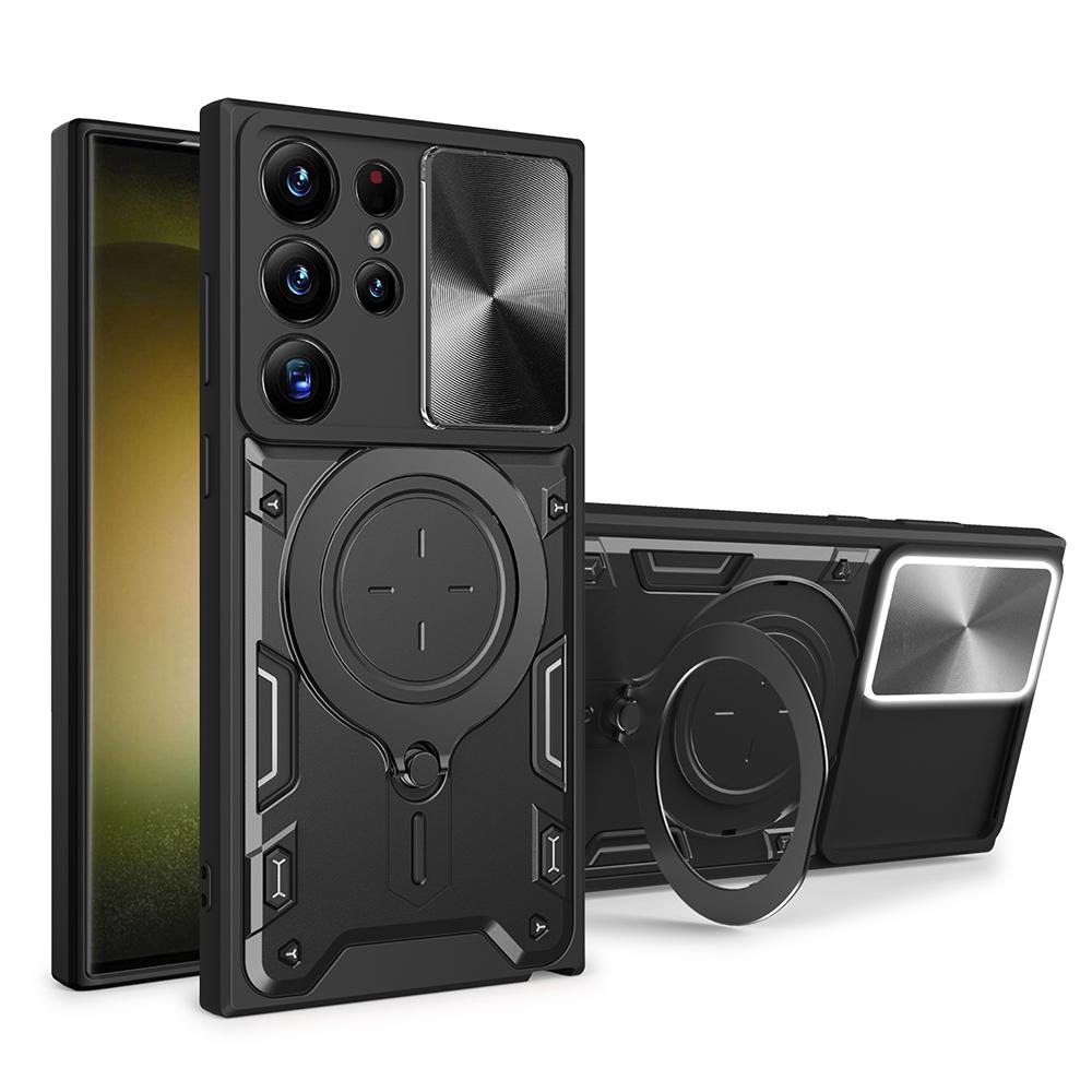 

Для Samsung Galaxy S23 Ultra Чехол из ПК+ТПУ с выдвижной крышкой для камеры, устойчивый к царапинам, чехол для телефона с вращающейся подставкой Black