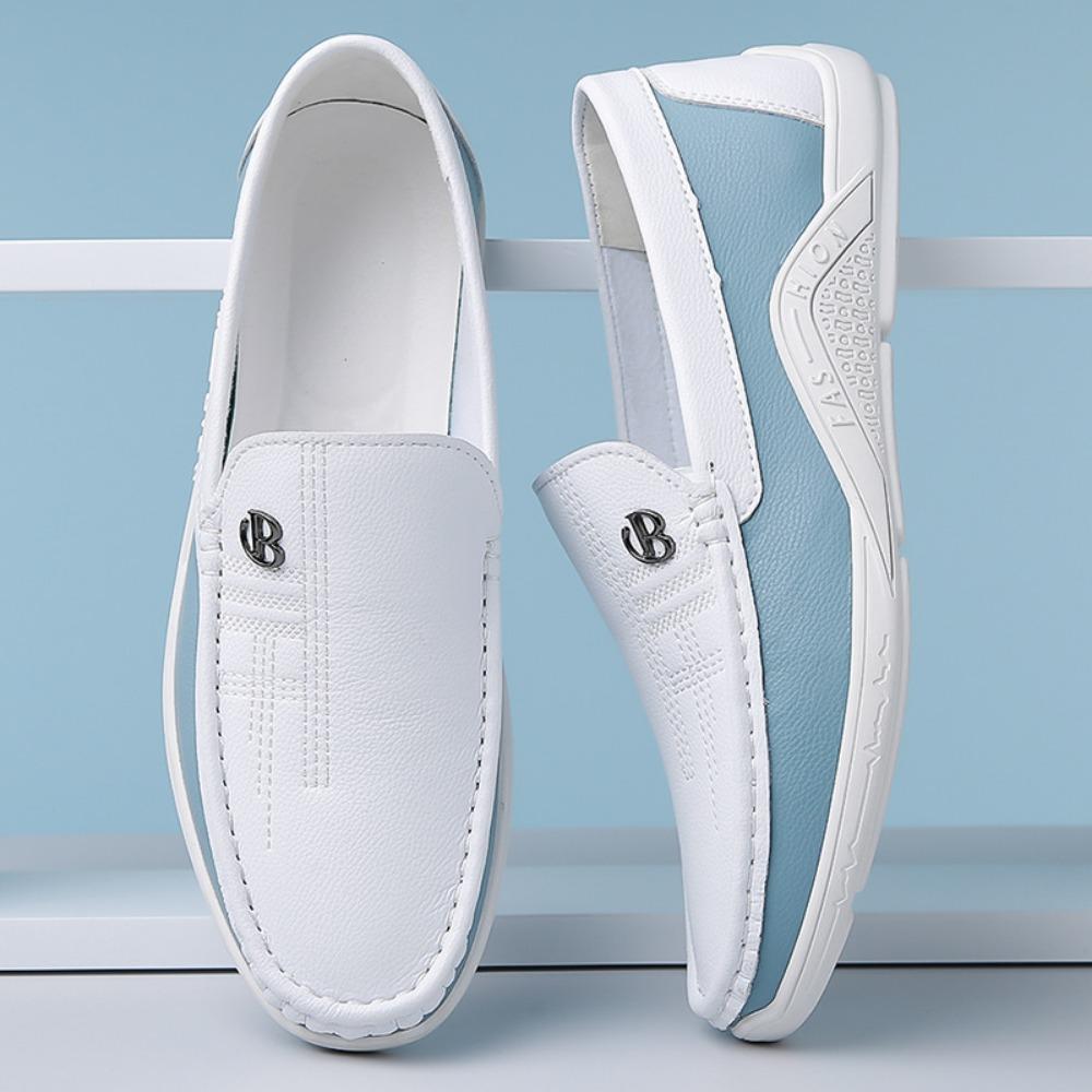 Soft Leather Men Shoes Breathable Slip On Loafers Business Casual White Sneakers