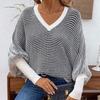 Womens Striped V-Neck Batwing Sleeve Loose Knit Sweater Winter Casual Pullover Top