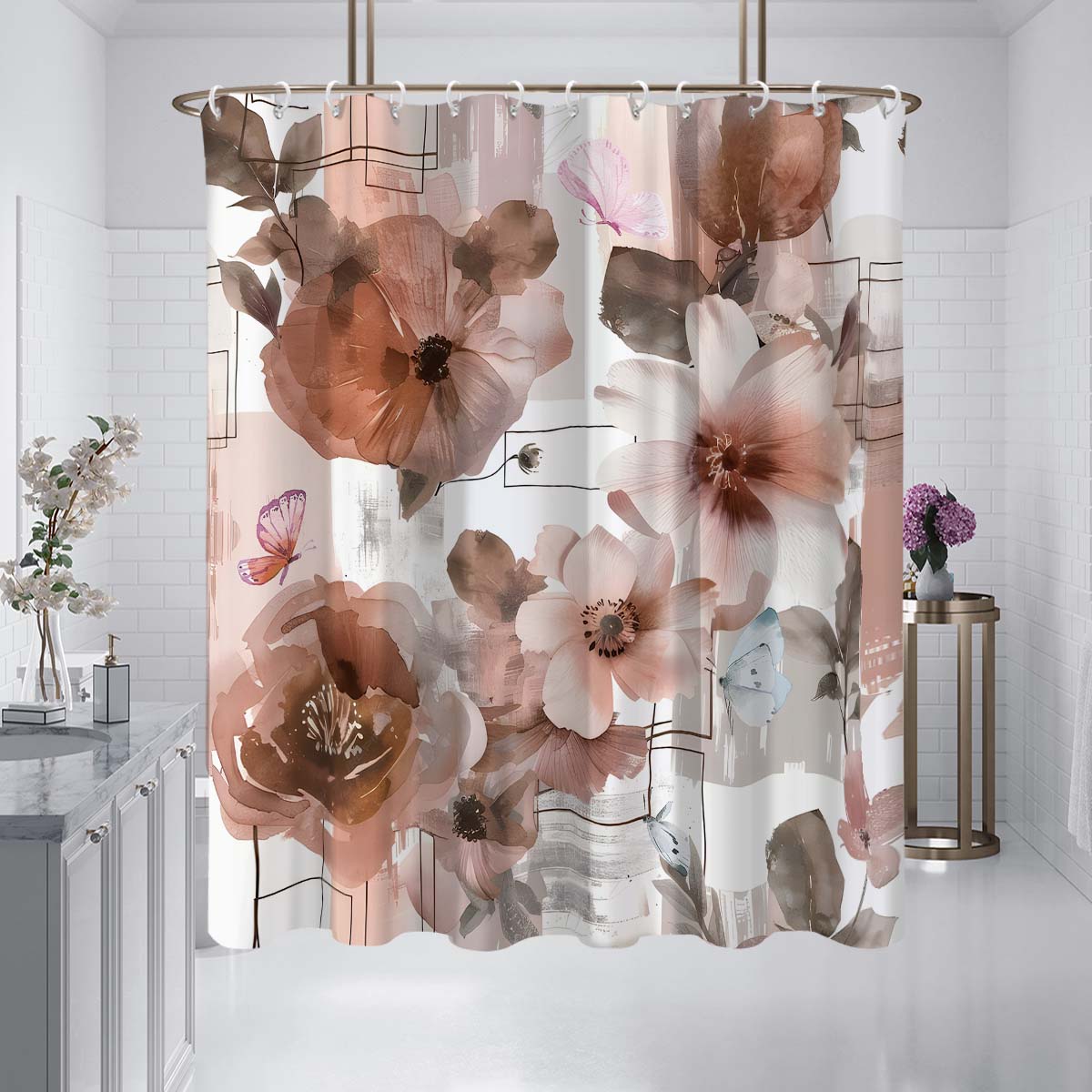 

1 Piece 180X180Cm Super Natural Floral Butterfly Pattern Printed Shower Curtain Partition Bathroom Waterproof 180x180cm