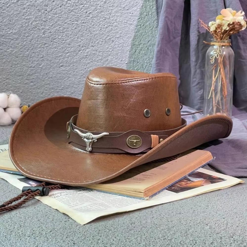 Solid Color Western Cowboy Hats Faux Leather Jazz Cap Casual Cowgirl Cap  Unisex